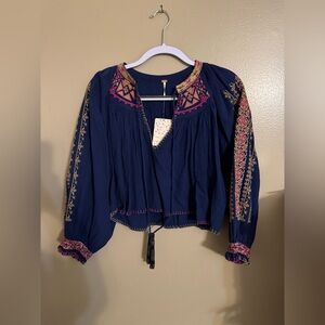 Free People Embroidered Boho Peasant Top NWT Blue Pink Size S Festival